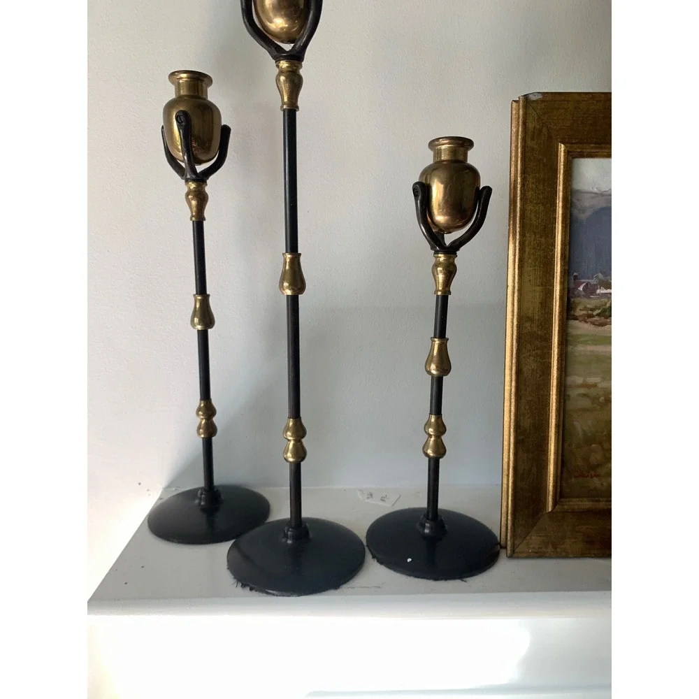 Set of 3 Vintage Brass &‎ Black Metal Taper Candlestick Holders inspired Tiffany